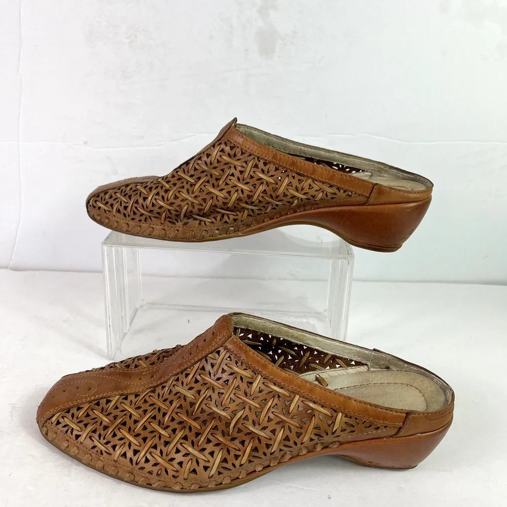 Pikolinos Shoes Womens 8 Mules Romana Brown Weave Leather Laser Cut